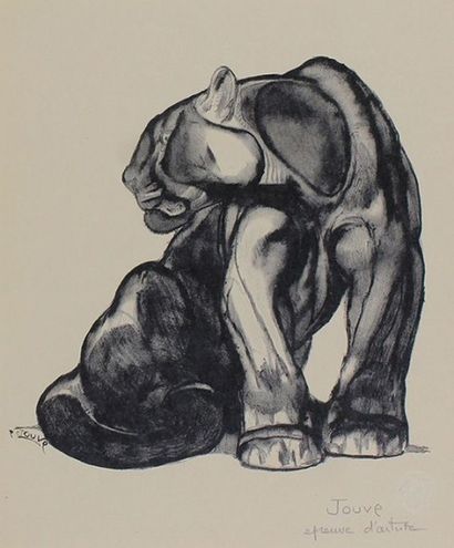 Paul JOUVE (1873 - 1978) Jaguar noir assis.
Lithographie originale, tirage au noir....