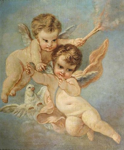 École du XIXe siècle 
Les angelots.
Peinture sur toile.
45,5 x 37 cm