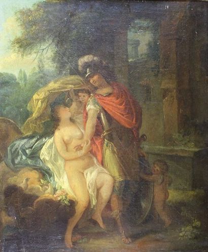 École FRANÇAISE du XVIIIe siècle 
Renaud et Armide.
Peinture sur toile.
28 x 34 ...