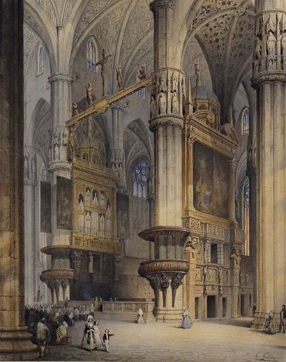Carlo GILIO (? - 1841) 
Intérieur de la cathédrale de Milan.
Aquarelle et rehaut...