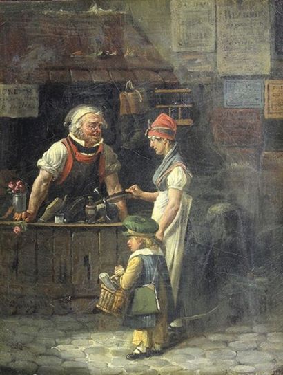 Hippolyte BELLANGE (1800 - 1866) 
Chez le cordonnier, 1822.
Huile sur toile signée...