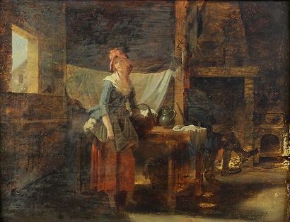 Martin DROLLING (1752 - 1817) 
Scène d'intérieur.
Panneau de chêne, une planche,...