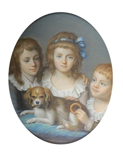 École du XIXe siècle 
Ernest, Cécile, Eugène Coquebert de Montbret avec leur chien...