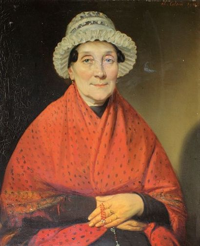 Charles Jean-Baptiste COLSON (1810-c.1851) 
Portrait de femme au châle et au bonnet.
Huile...