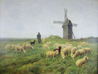 Albert CHARPIN (1842 - 1924) 
Le berger au moulin.
Huile sur toile signée en bas...