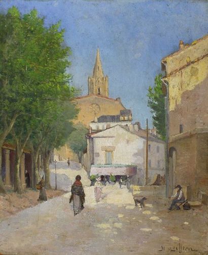 Marius MEIFFREN (1855 -?) 
Village du Midi.
Huile sur toile signée en bas à droite.
45,5...