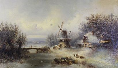 Albert BREDOW (1828 - 1899) 
Le moulin en hiver.
Huile sur toile signée et daté «1886»...