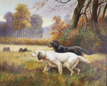 Marcel FALCINELLI (1900 - 1980) 
Deux chiens à l'arrêt.
Huile sur toile signée en...