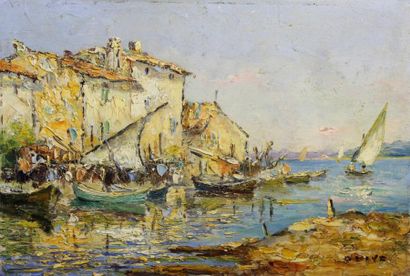 Henri OLIVE DES MARTIGUES (1898 - 1980) 
Pêcheurs aux Martigues.
Huile sur panneau...