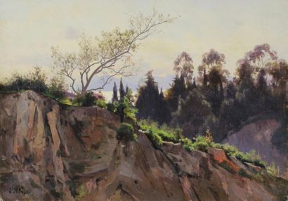 Léon LE ROYER (1858-1939) 
Falaises en montagne.
Huile sur toile signée en bas à...