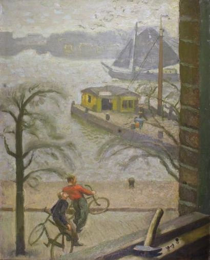 Etienne BOUCHAUD (1898 - 1989) 
Les cyclistes à Amsterdam.
Huile sur toile signée...