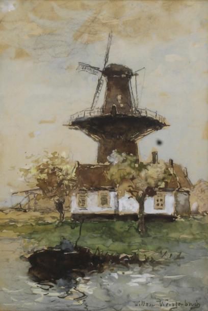 Willem Johannes WEISSENBRUCH (1864 - 1941) 
Le moulin.
Aquarelle signée en bas à...