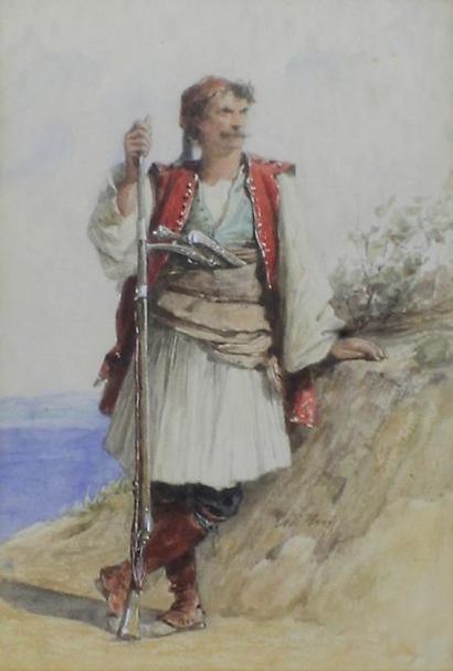 Adolphe YVON (1817 - 1893) 
Combattant Grec.
Aquarelle et crayon sur papier signé...