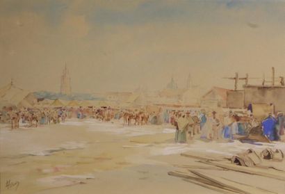 A.PILARES (XXe siècle) 
Scène de marché en Espagne.
Aquarelle signée en bas à gauche.
Vue:...