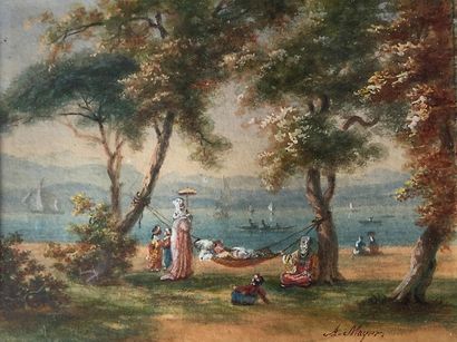 Auguste Etienne MAYER (1805 - 1890) 
Repos au bord du bosphore.
Aquarelle et gouache...