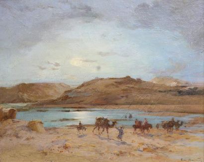 Emile BO IVIN (1846 - 1920) 
La caravane devant l'oasis.
Huile sur toile signée en...