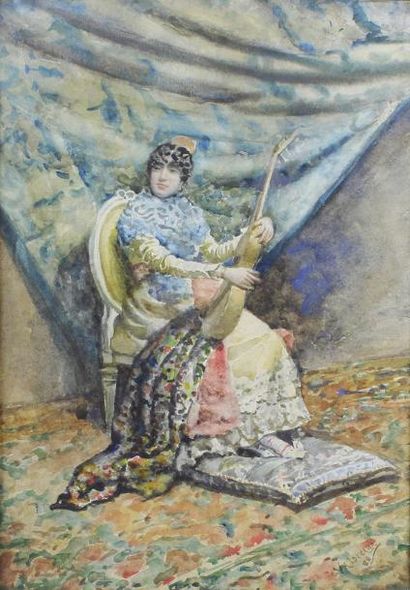 Germán VALDECARA (1849 -?) 
Femme à la guitare, 1888.
Aquarelle signée et datée en...