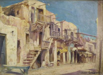 José SILBERT (1862 - 1939) 
Rue d'Afrique du nord.
Huile sur panneau signé en bas...