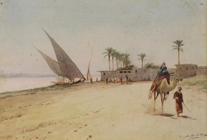 Emilio MARCHETT INI (XIXe - Xxe siècle) 
Chamelier sur les bords du Nil.
Aquarelle...