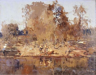 Ivan Feodorovich KOLESNIKOV (1887 – 1929) 
Les Lavandières en bord de rivière.
Huile...