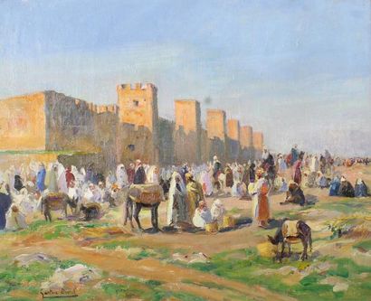 Gaston Jules Louis DUREL (1879 - 1954) 
Marché devant les remparts de Marrakech.
Huile...