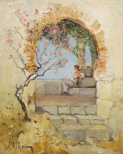 Jean D'ALHEIM(1832 - 1894) 
Femme orientale sur une terrasse ombragée.
Huile sur...