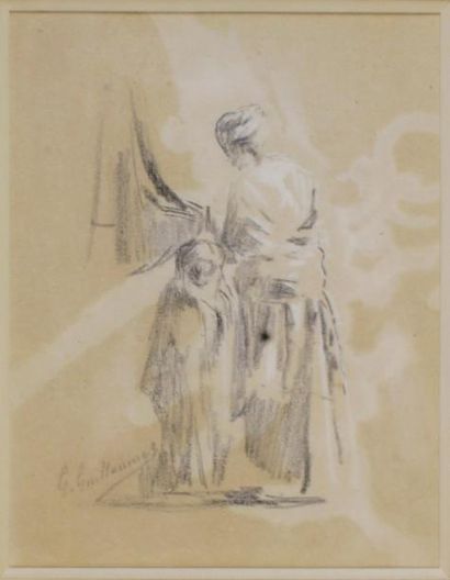 Gustave GUILLAUMET (1840 - 1887) 
Femme et enfant.
Dessin au crayon gras et rehaut...