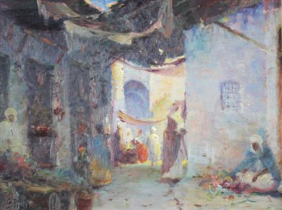 Gustave DEBAT (1880 - 1965) 
Boucherie Arabe rue Serigny à Constantine, 1921.
Huile...