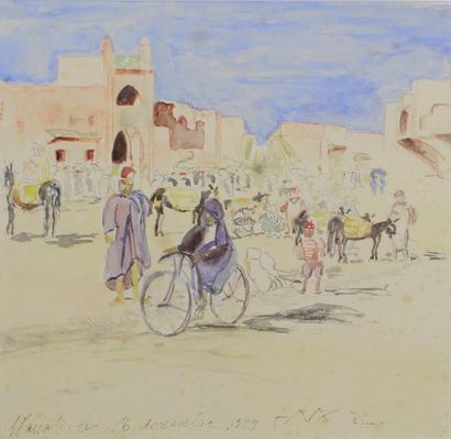anne FRANCAIS (1909 - 1995) 
Marrakech, la Place Jemaa El-Fna, 1929.
Aquarelle signée...