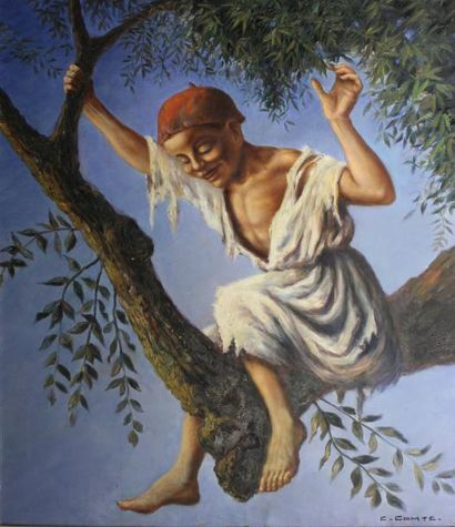 COMTE E. (Ecole du XX e siècle) 
Jeune garçon dans un olivier.
Huile sur toile signée...