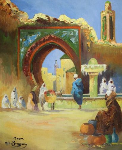 Milio BURQUIN (XXe siècle) 
Entrée de médina au Maroc.
Huile sur toile signée et...