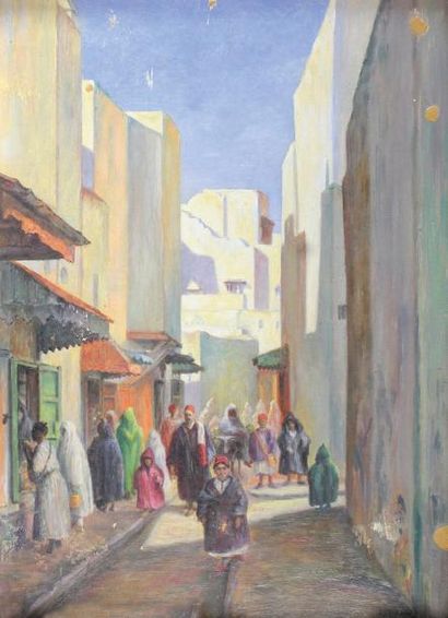 Orens DENIZARD (1879 -?) 
Dans les rue de Rabat, mars 1915.
Huile sur carton fort...