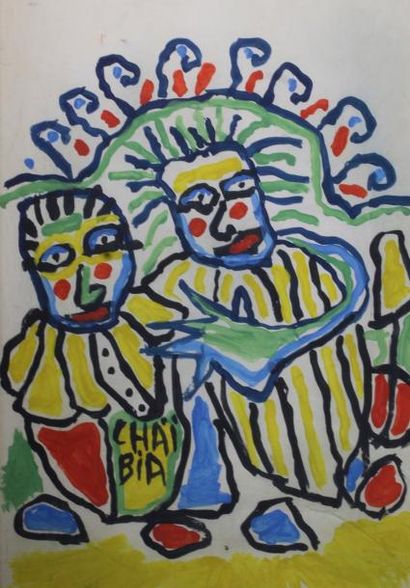 CHAIBIA (1929 - 2004) 
Deux personnages assis.
Gouache sur papier signé en bas vers...