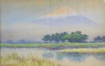 Ecole japonaise (fin XIXe - début XXe siècle) 
Vue du mont Fuji.
Aquarelle signée...