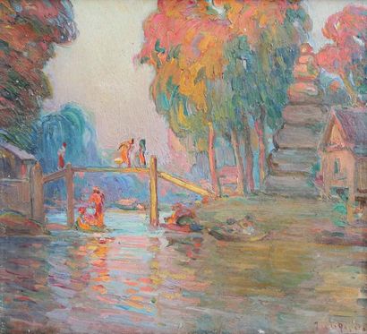 Joseph DE LA NEZIERE (1873 - 1944) 
Rivière en Thailande.
Huile sur toile signée...