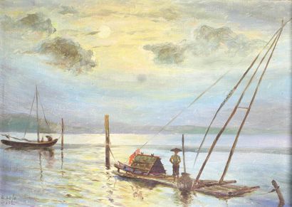 Elias LAXA (1904 - 1990) 
Pêcheurs philippins, 1952.
Huile sur toile marouflée sur...