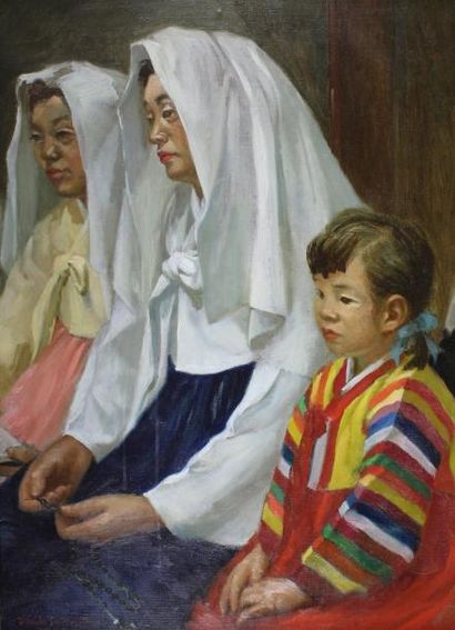 Duk-Soon PARK (1910 - 1990) 
Famille Rosary, 1957.
Huile sur toile signée et datée...
