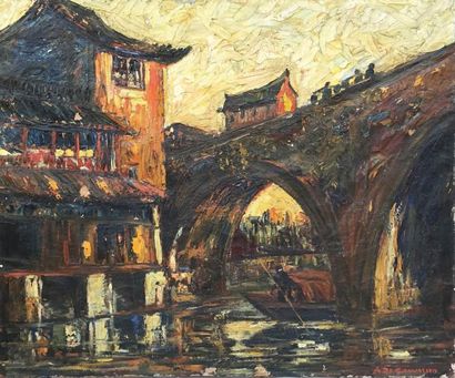 Arthur DE CARVALHO (XIXe - XXe siècle) 
The Fangsheng bridge à Zhujiajao.
Huile sur...