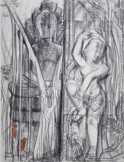 André MAIRE (1898 - 1984) 
Bas relief et statue de Bouddha à Angkor, 1959.
Fusain...