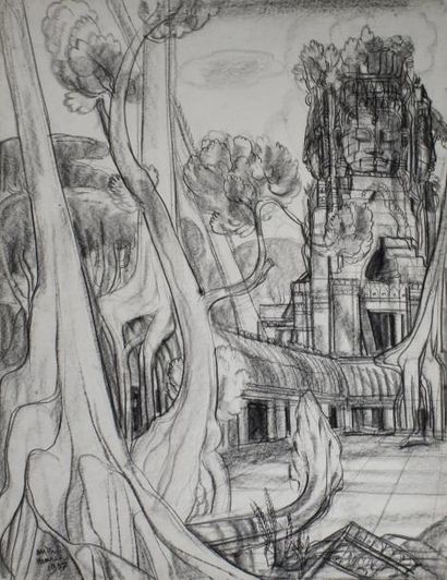 André MAIRE (1898 - 1984) 
Au Temple d'Angkor, 1957.
Dessin au fusain signé et daté...