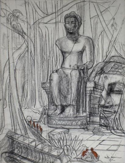 André MAIRE (1898 - 1984) 
Bouddha assis à Angkor, 1952.
Fusain et sanguine signé...