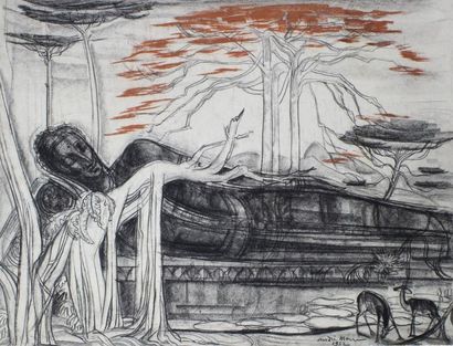 André MAIRE (1898 - 1984) 
Grand Bouddha couché. Ventiane, 1952.
Fusain et sanguine...