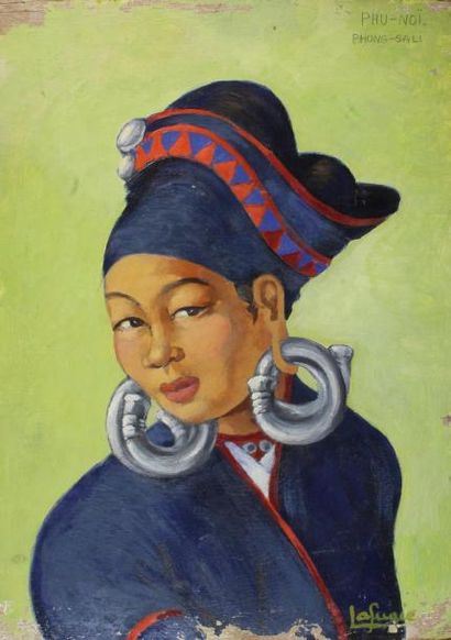 Léa LAFUGIE (1890 - 1972) 
Portrait thaï, femme Phu noï, 1991 (?).
Gouache sur panneau...