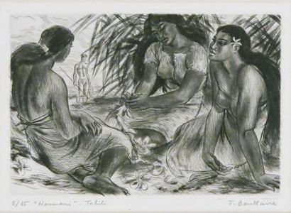 Jacques BOULLAIRE (1893 - 1976) 
Haumani, Tahiti.
Pointe sèche signée en bas à droite,...