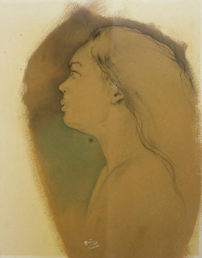 Serge GRES (1899-1970) 
Tahitienne de profile, 1936.
Huile, gouache et crayon sur...