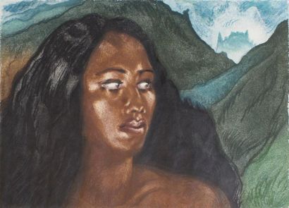 Serge GRES (1899-1970) 
Tahitienne en montagne.
Lithographie en couleurs signé en...