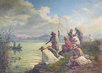 Henri RATOVO (1881 - 1929) 
Pêcheurs malgaches.
Huile sur toile signée en bas à droite.
45,5...