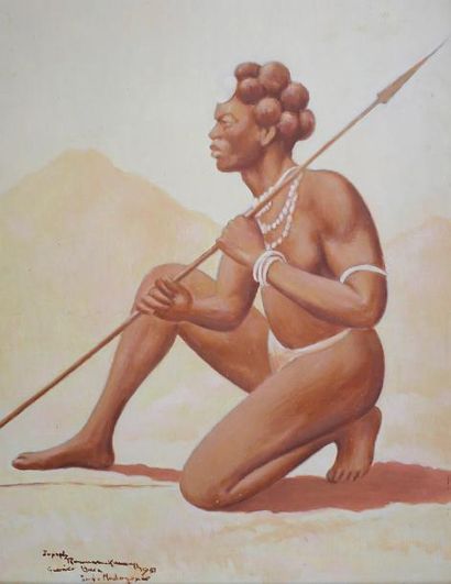 Joseph RAMAMANKAMONGJY (1898 - 1982) 
Guerrier Bara accroupi (Sud Madagascar), 1951.
Huile...