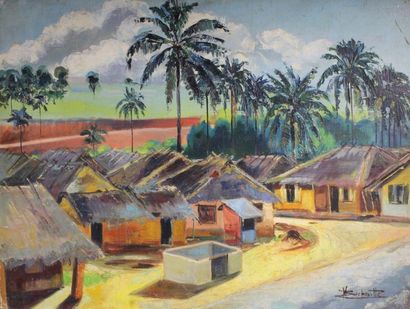 Marcel BUCHAILLE (1903 - 1986) 
Village camerounais.
Huile sur panneau signé en bas...