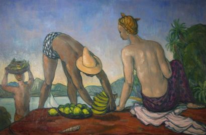 André MAIRE (1898 - 1984) 
La récolte des fruits, 1953.
Huile sur carton signé et...